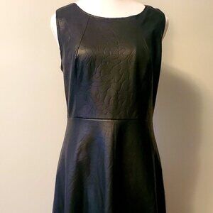 Designer Pleather Minimalist Black Midi Dress Imprinted Knit Back Fit & Flared
